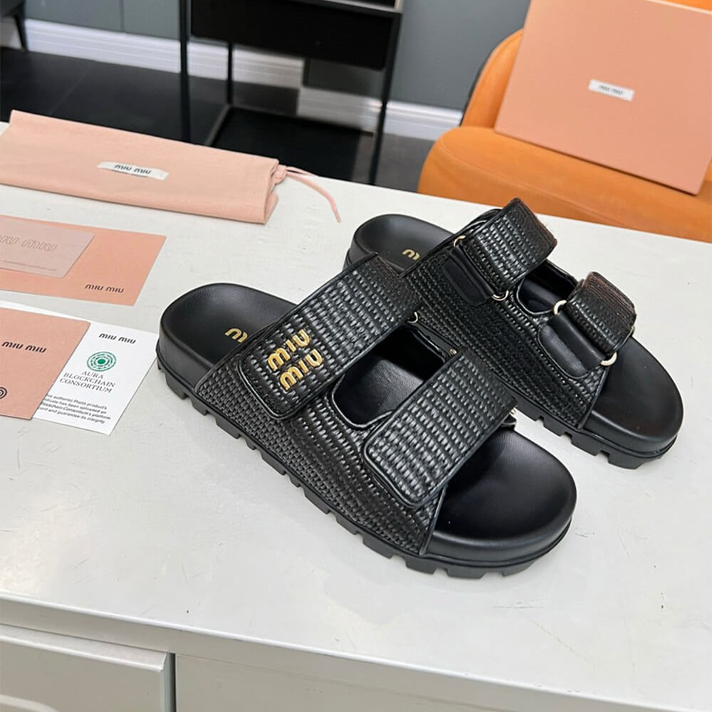 MiuMiu Raffia-effect woven fabric slides