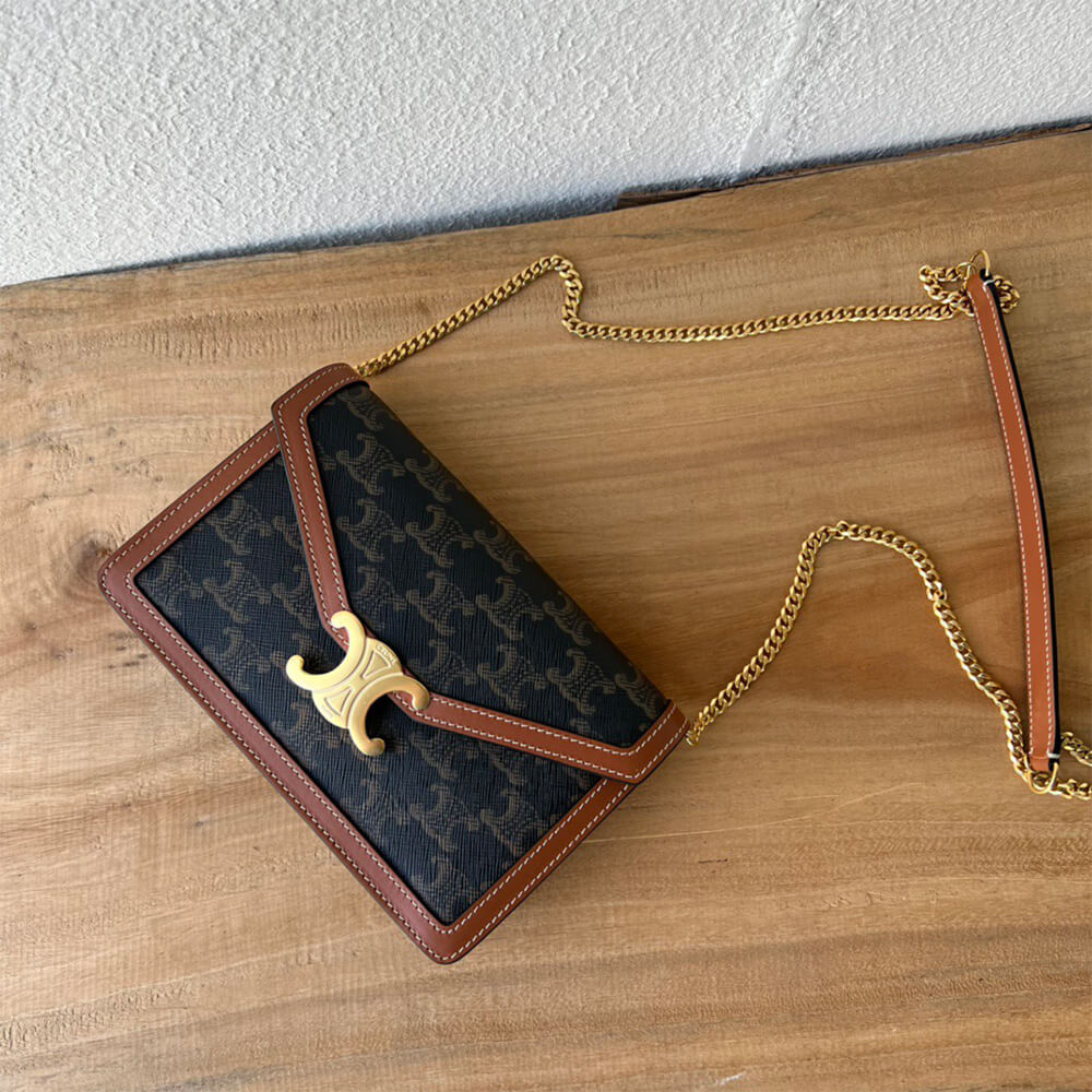 CELINE WALLET ON CHAIN MARGO in TRIOMPHE CANVAS and calfskin(High-end Grade)