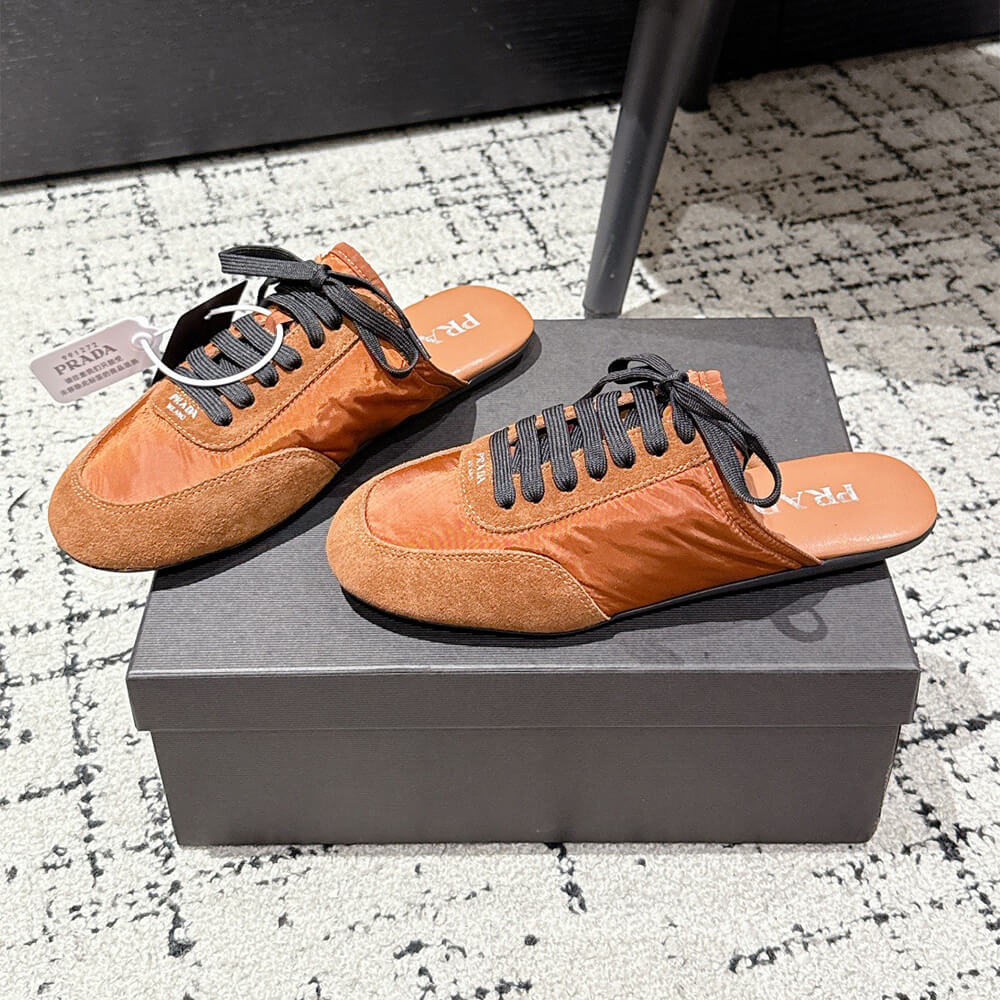 PRADA Collapse Re-Nylon and suede mules